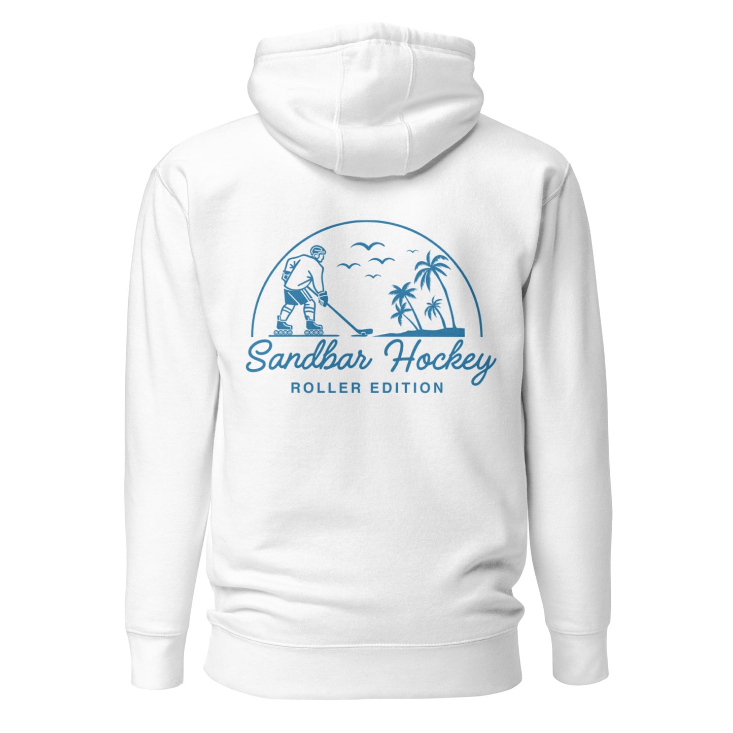 White coastal roller hockey hoodie with a large blue Sandbar Hockey Roller Edition graphic on the back featuring a roller hockey player, palm trees, birds, and a curved sunset design