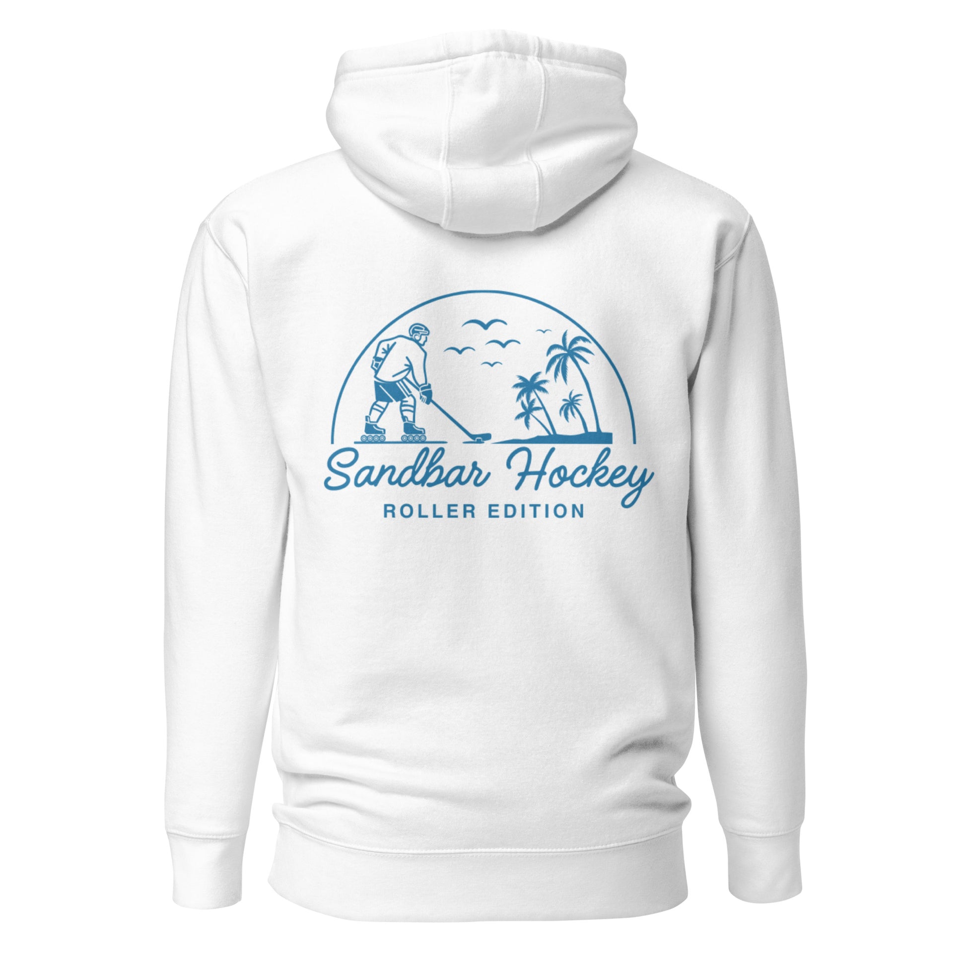 White coastal roller hockey hoodie with a large blue Sandbar Hockey Roller Edition graphic on the back featuring a roller hockey player, palm trees, birds, and a curved sunset design