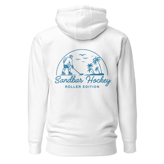 White coastal roller hockey hoodie with a large blue Sandbar Hockey Roller Edition graphic on the back featuring a roller hockey player, palm trees, birds, and a curved sunset design