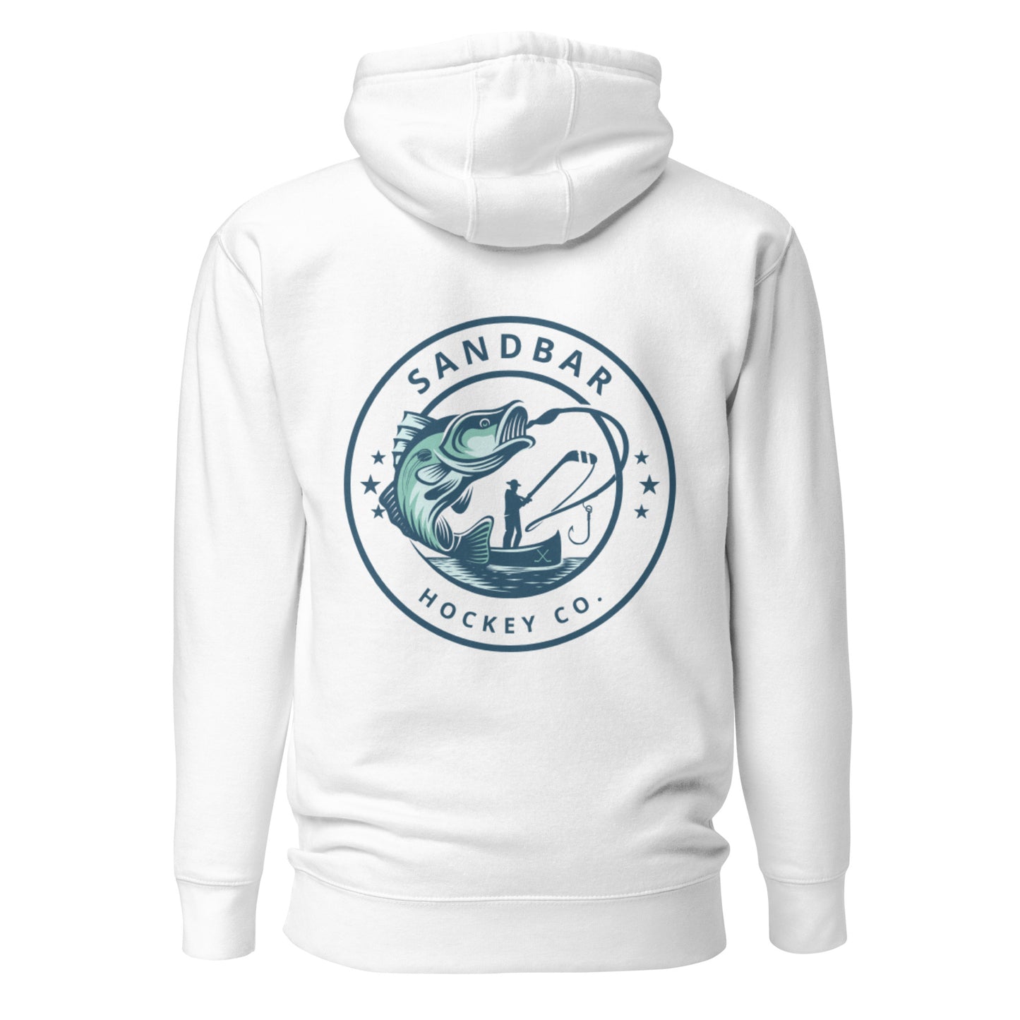 White fishing hockey hoodie front side with large circular bass fishing logo and fisherman holding hockey stick silhouette