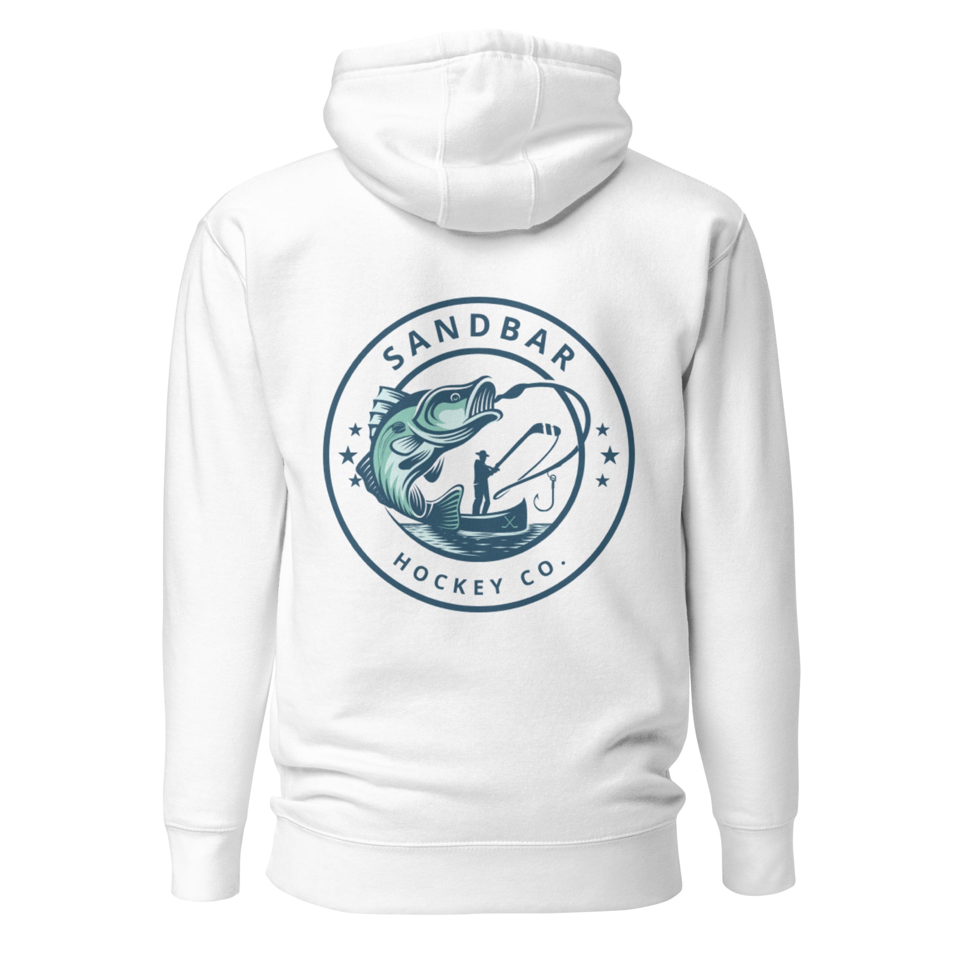 White fishing hockey hoodie front side with large circular bass fishing logo and fisherman holding hockey stick silhouette