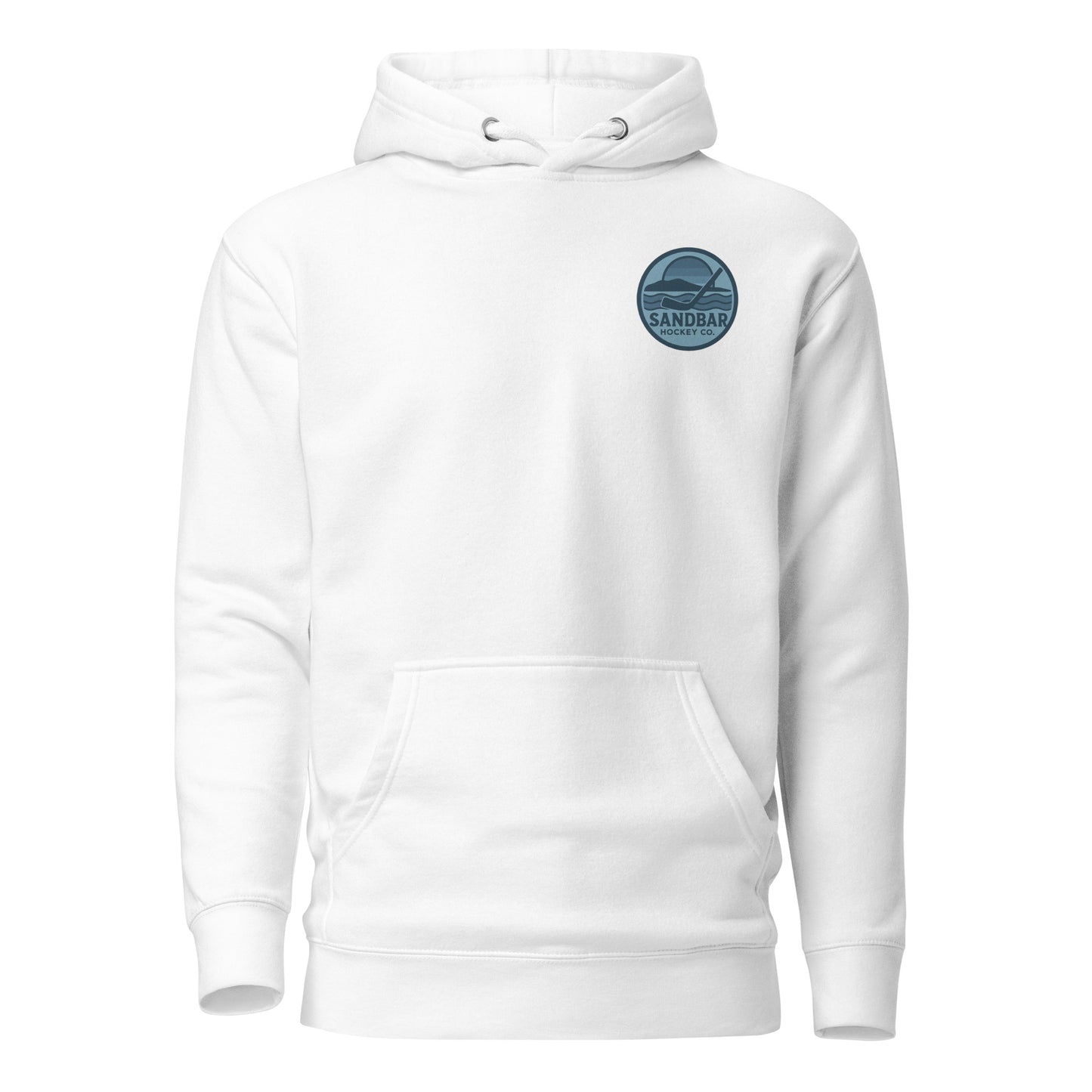 White fishing hockey hoodie front side with small blue Sandbar Hockey logo
