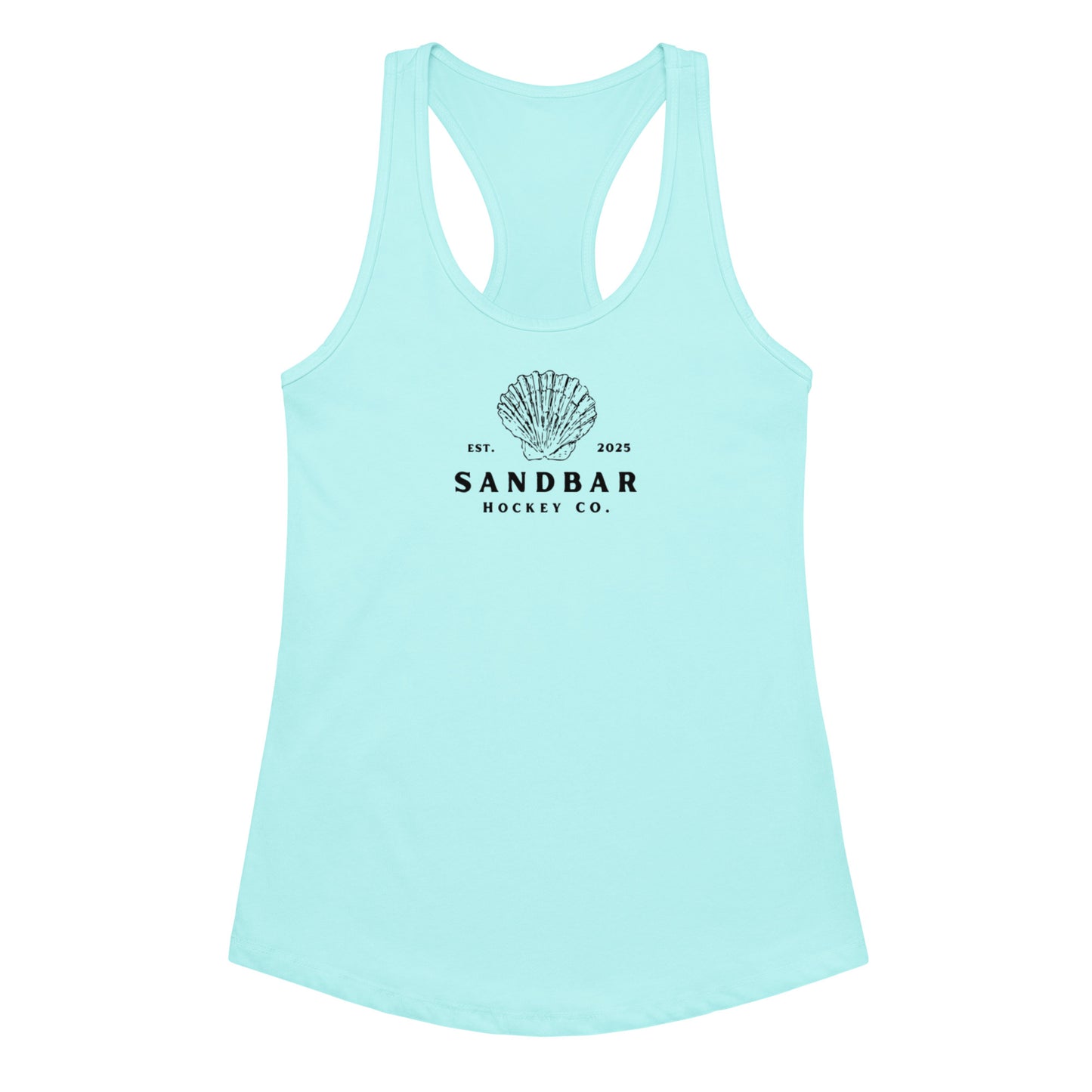 Blue women’s hockey racerback tank top front view with Sandbar Hockey Co. shell logo.