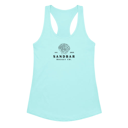 Blue women’s hockey racerback tank top front view with Sandbar Hockey Co. shell logo.