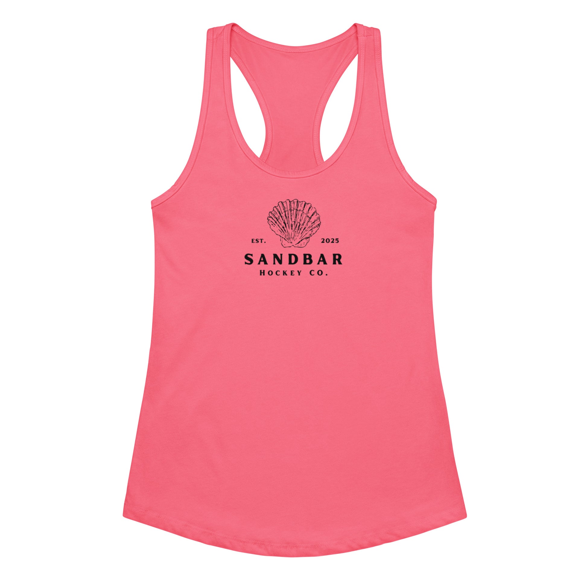Pink women’s hockey racerback tank top front view with Sandbar Hockey Co. shell logo.