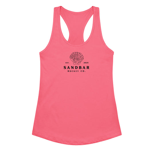 Pink women’s hockey racerback tank top front view with Sandbar Hockey Co. shell logo.