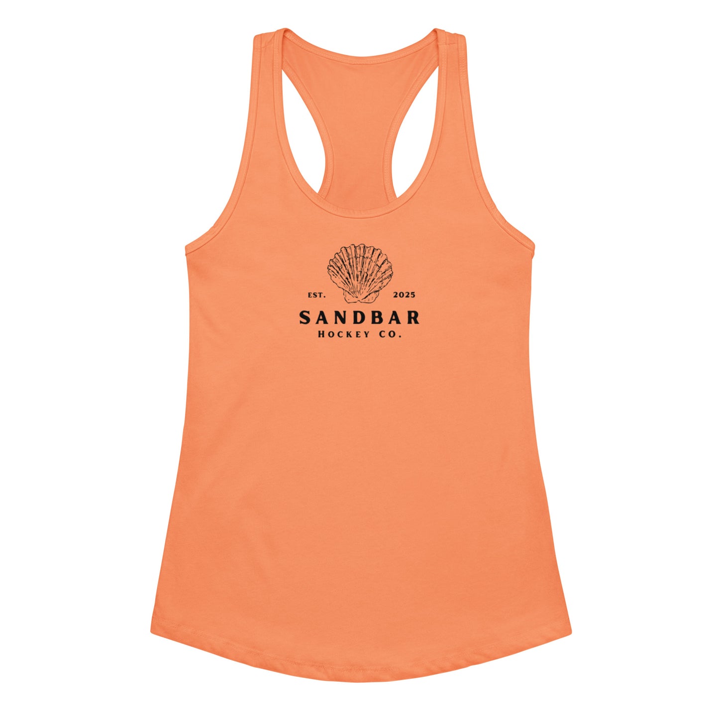 Orange women’s hockey racerback tank top front view with Sandbar Hockey Co. shell logo.