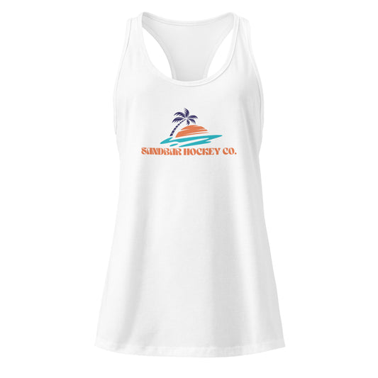 White women’s hockey racerback tank top front view with Sandbar Hockey Co. sunset logo.