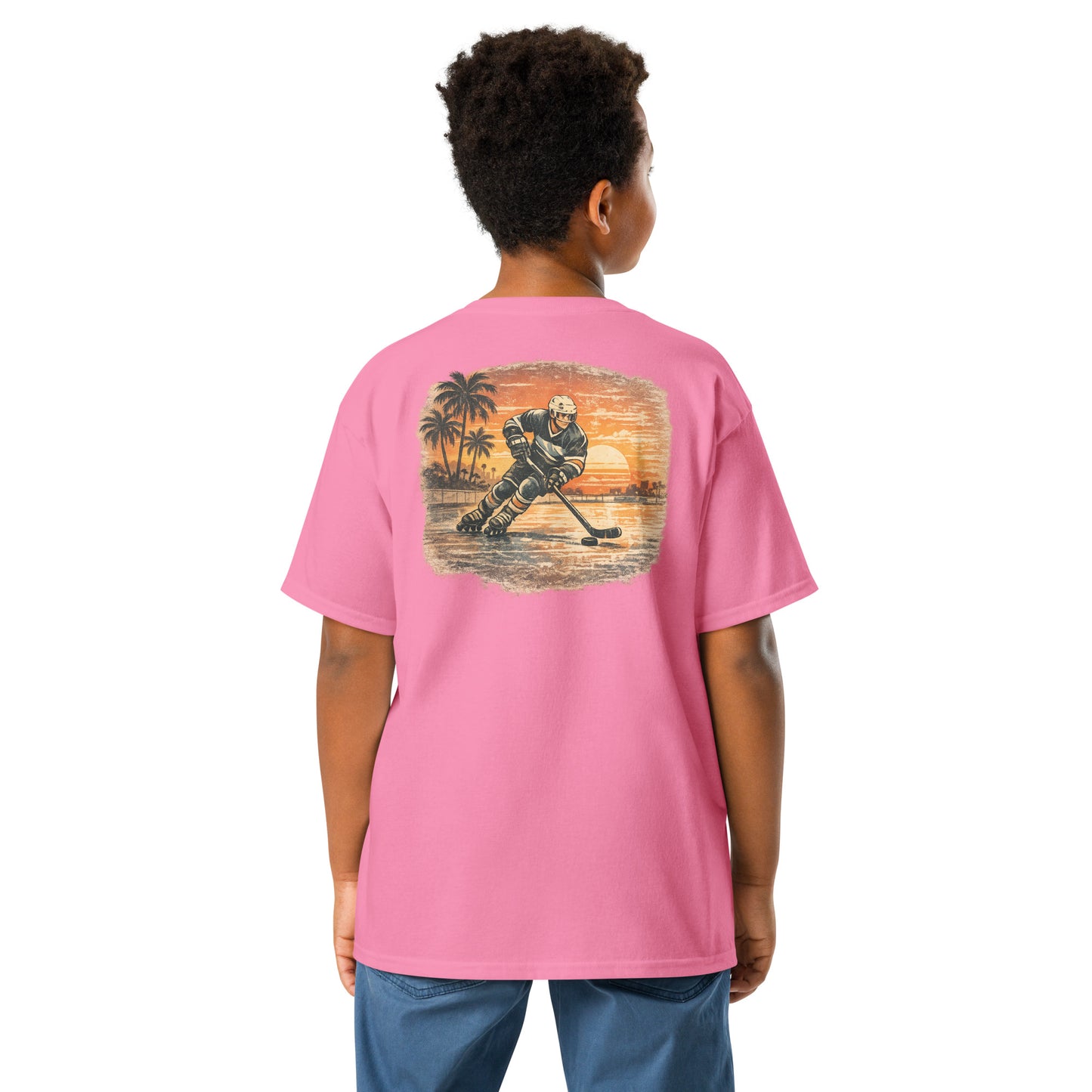 Youth pink Sunset Glide Roller Hockey T-Shirt with large vintage sunset roller hockey back graphic