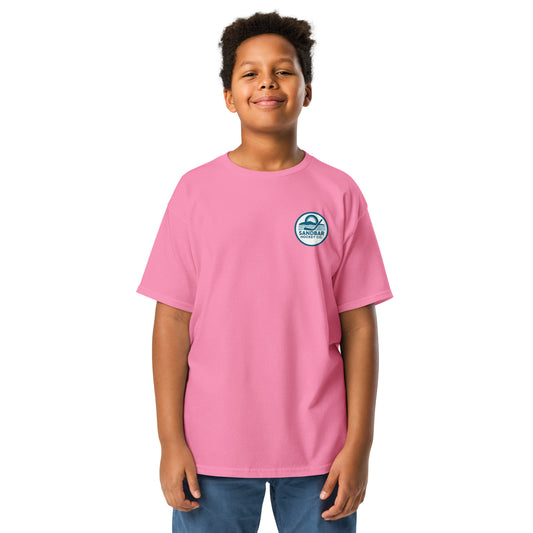 Youth roller hockey t-shirt front view in pink with Sandbar Hockey chest logo