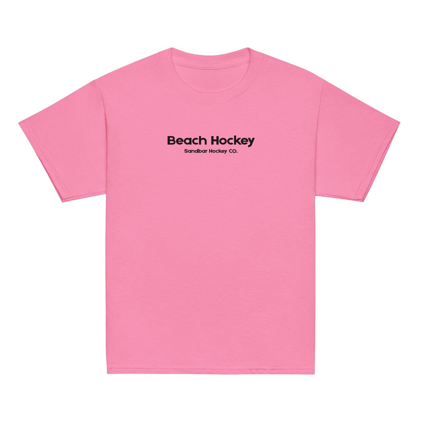 Pink youth beach hockey t-shirt front view with Beach Hockey Sandbar Hockey Co. text on the chest.