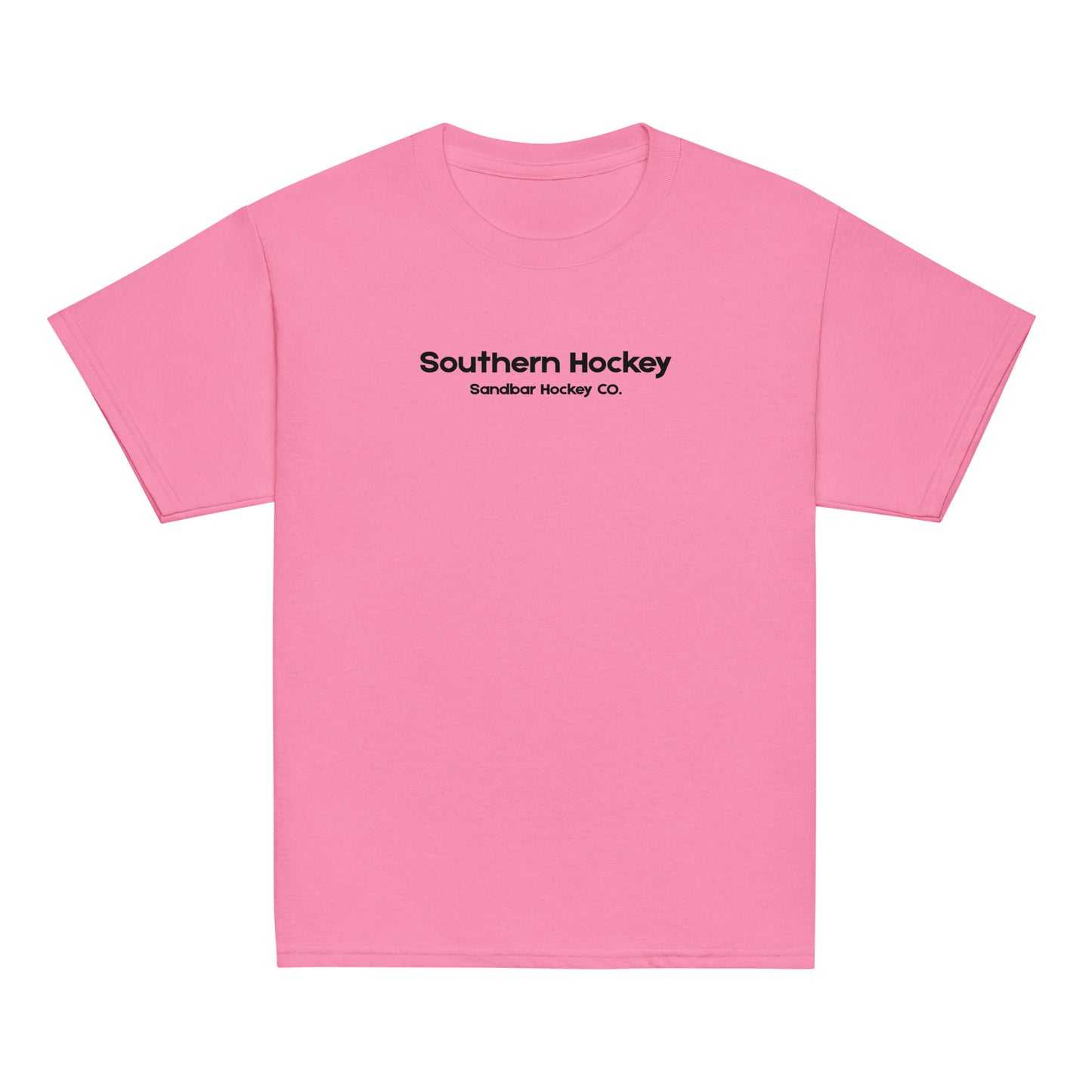 Pink youth southern hockey t-shirt front view with Southern Hockey Sandbar Hockey Co. text on the chest.