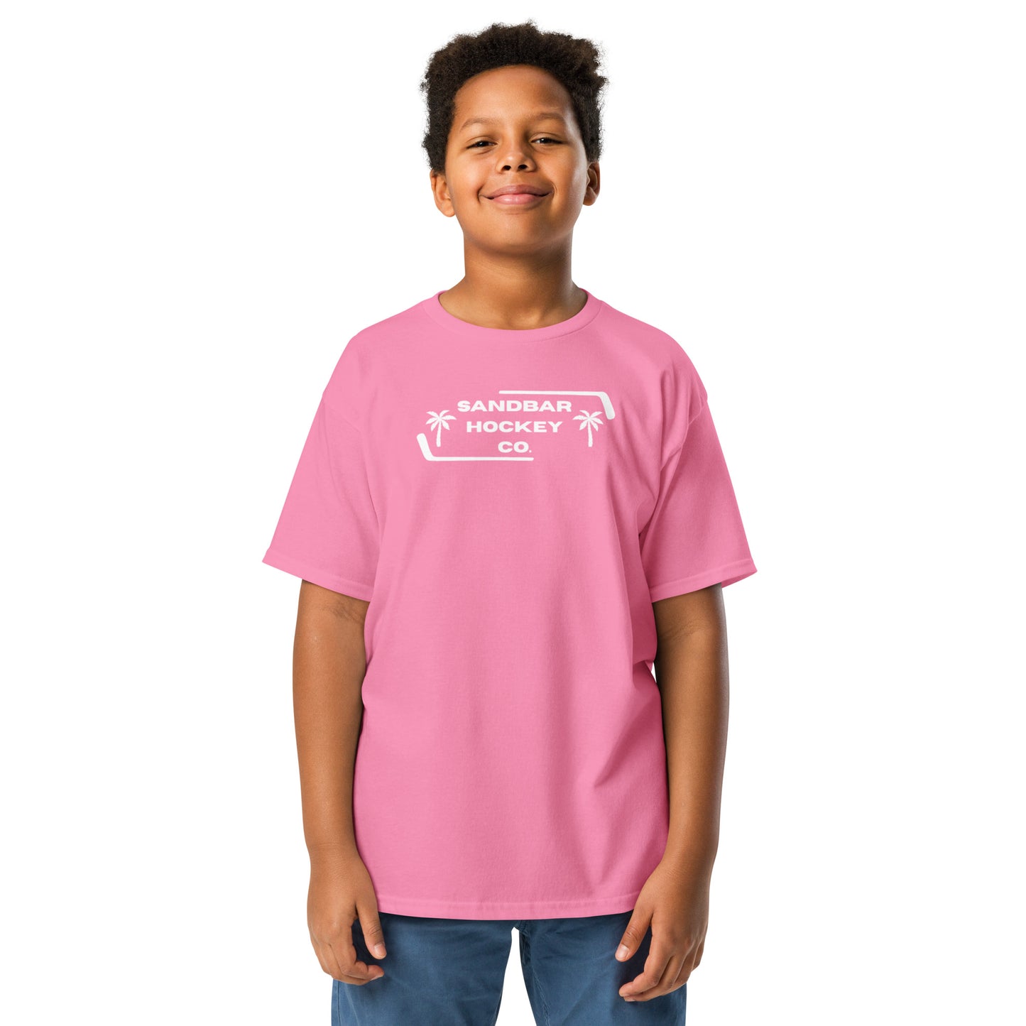 Youth pink Sunset Glide Roller Hockey T-Shirt with white Sandbar Hockey Co. front logo