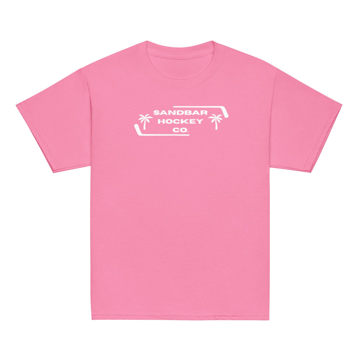 Pink Palm Frame Youth T-Shirt with white Sandbar Hockey Co. palm frame front logo