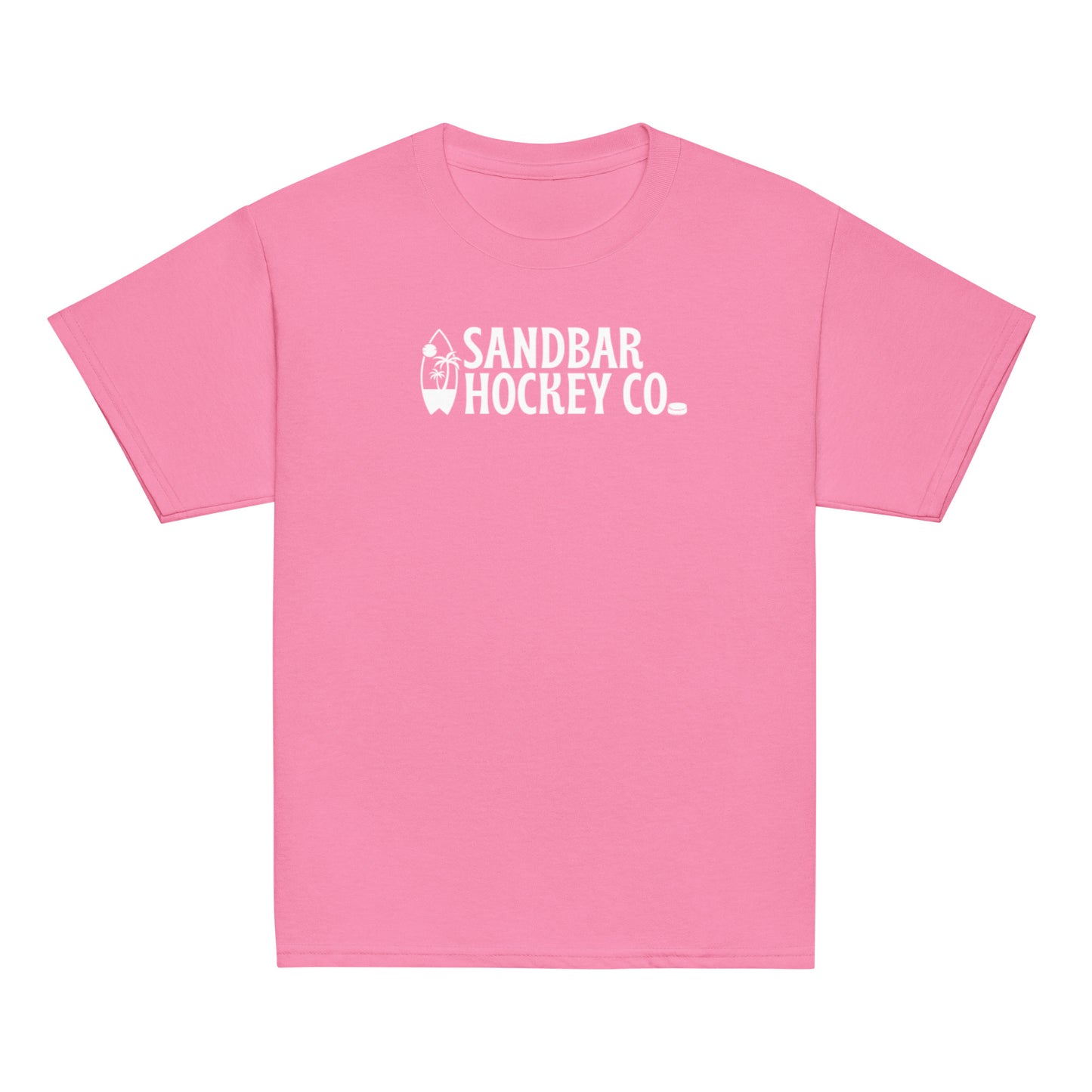 Pink youth Surfside Hockey T-Shirt with white Sandbar Hockey Co. surfboard back logo