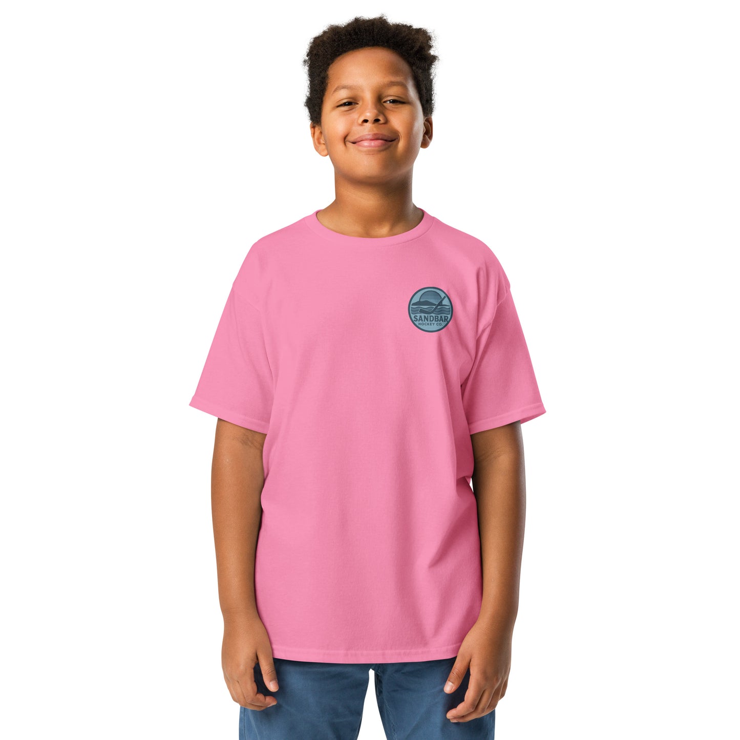 Youth Sandbar Hockey red t-shirt back view with circular roller hockey beach graphic