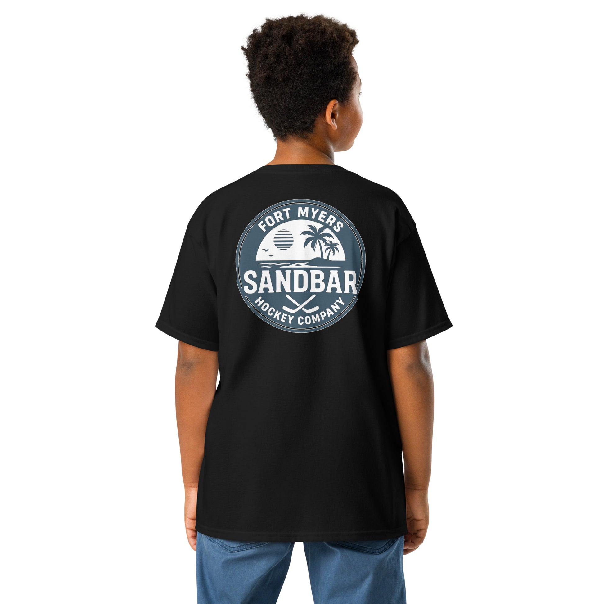 Black Youth Fort Myers Sandbar Hockey T-shirt back view with large circular Fort Myers Sandbar Hockey Company graphic featuring palm trees, island, water, sunset, birds, and crossed hockey sticks