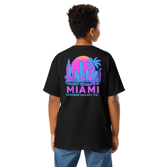 Youth black Miami Sandbar Hockey T-shirt back view with large neon Miami skyline graphic, palm trees, hockey stick, and Miami Sandbar Hockey Co. text