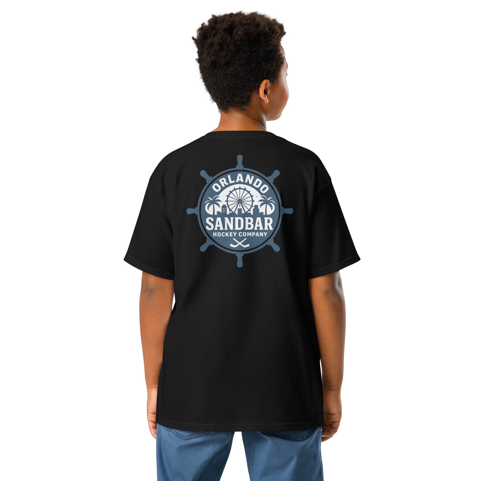 Black Orlando Sandbar Hockey youth t-shirt back view with large ship wheel style Orlando Sandbar Hockey Company graphic featuring palm trees, skyline, Ferris wheel, and crossed hockey sticks
