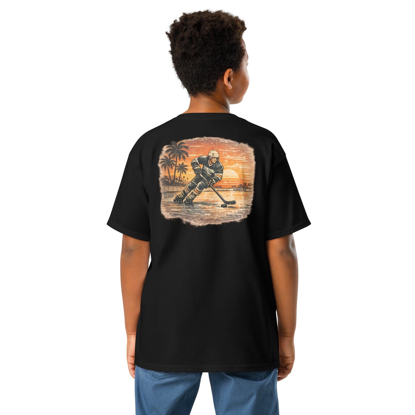 Youth black Sunset Glide Roller Hockey T-Shirt with large vintage sunset roller hockey back graphic