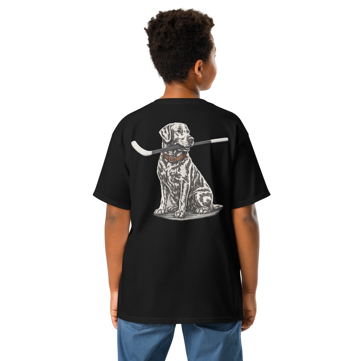 Black youth hockey t-shirt shown from the back on a child model, featuring the large dog-with-hockey-stick back graphic.