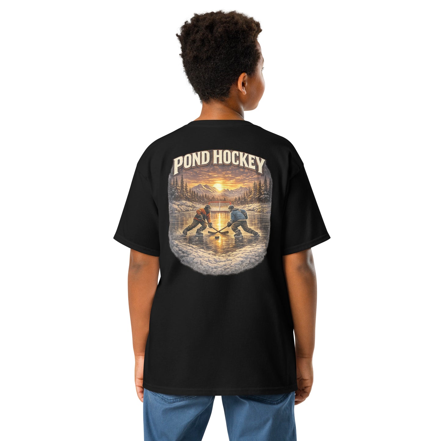 Black youth T-shirt with a large back graphic showing two hockey players on a frozen pond at sunset, with mountains, pine trees, a goal net, and “POND HOCKEY” in bold lettering above.