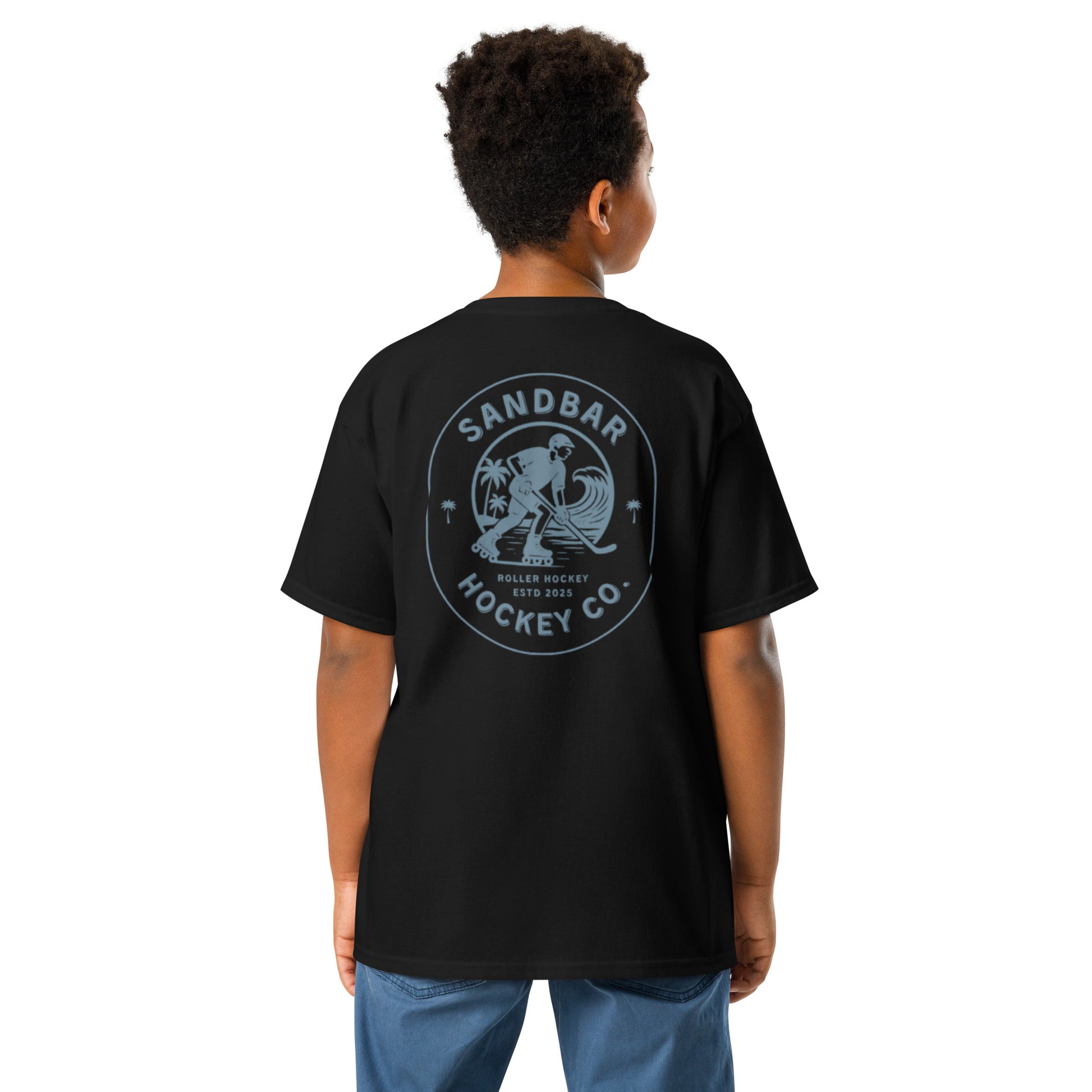 Youth Sandbar Hockey black t-shirt back view with circular roller hockey beach graphic