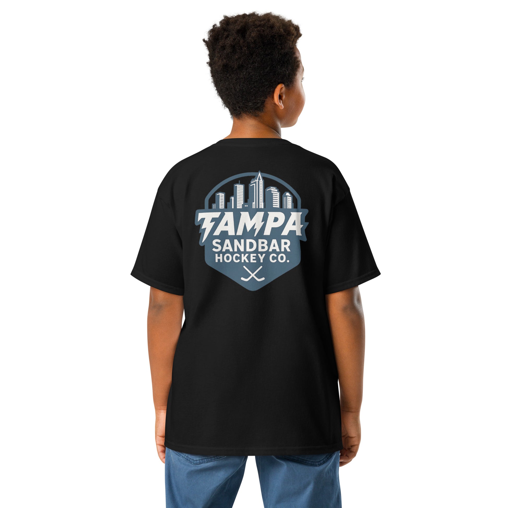 Youth Sandbar Hockey Tampa Skyline black t-shirt back view with large Tampa skyline hockey graphic