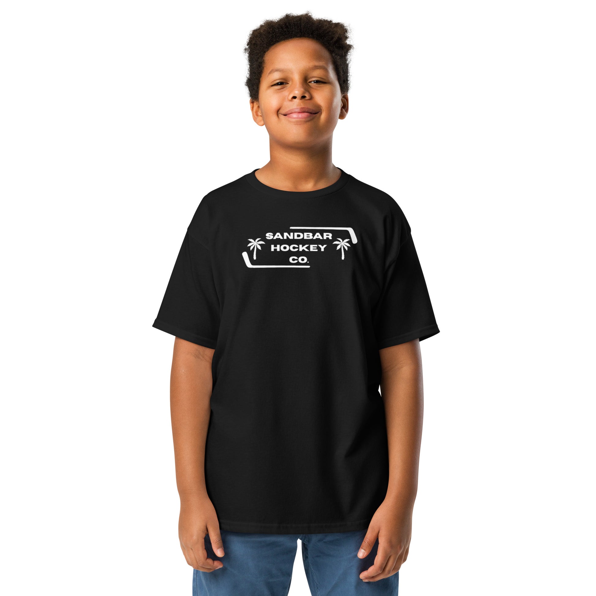 Youth black Sunset Glide Roller Hockey T-Shirt with white Sandbar Hockey Co. front logo