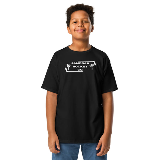 Youth black Sunset Glide Roller Hockey T-Shirt with white Sandbar Hockey Co. front logo