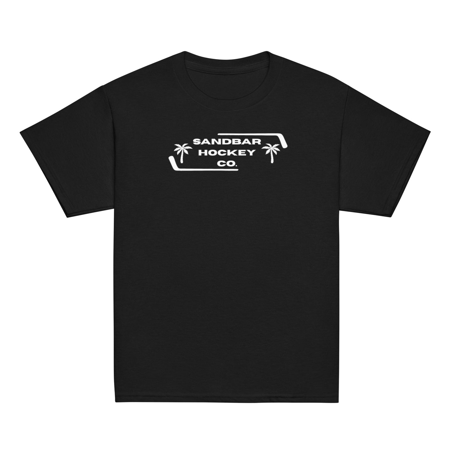 Black Palm Frame Youth T-Shirt with white Sandbar Hockey Co. palm frame front logo