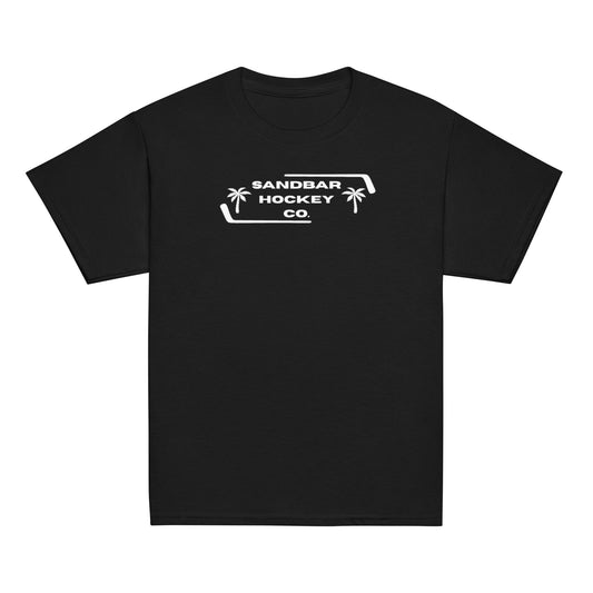 Black Palm Frame Youth T-Shirt with white Sandbar Hockey Co. palm frame front logo