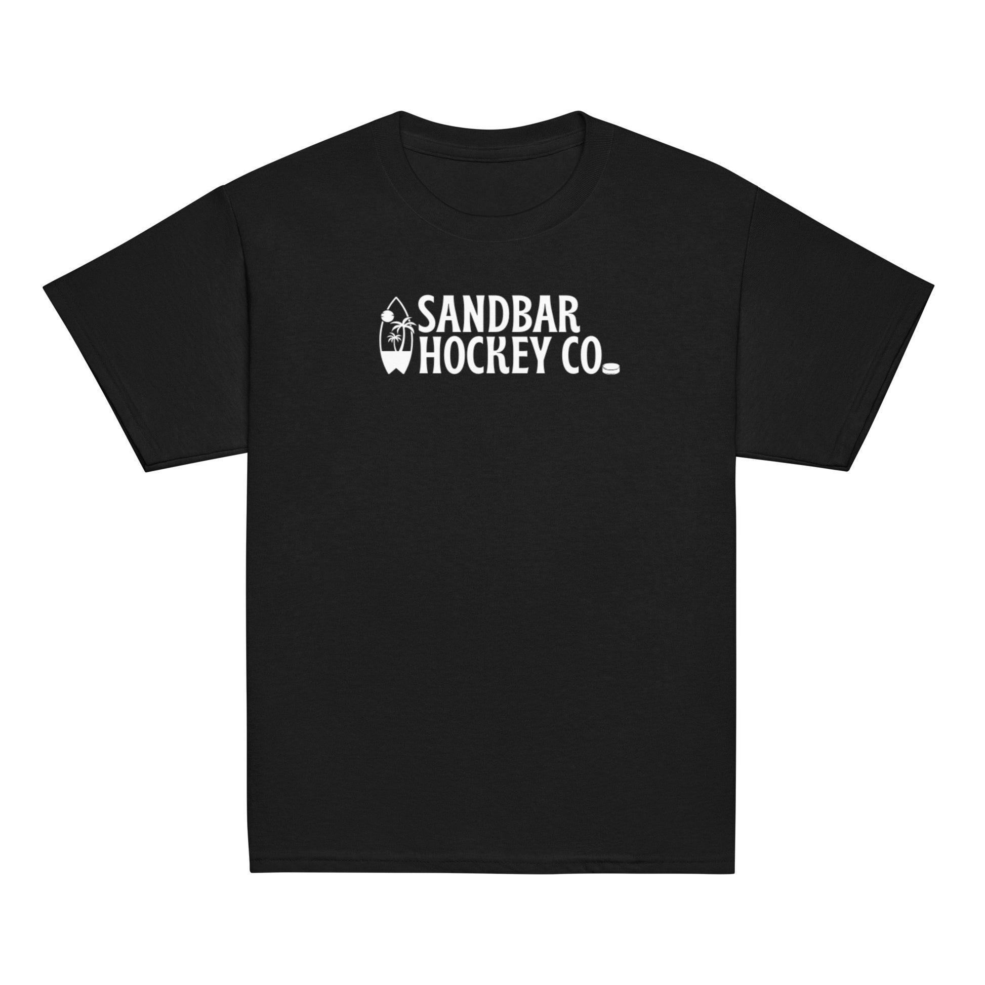 Black youth Surfside Hockey T-Shirt with white Sandbar Hockey Co. surfboard back logo