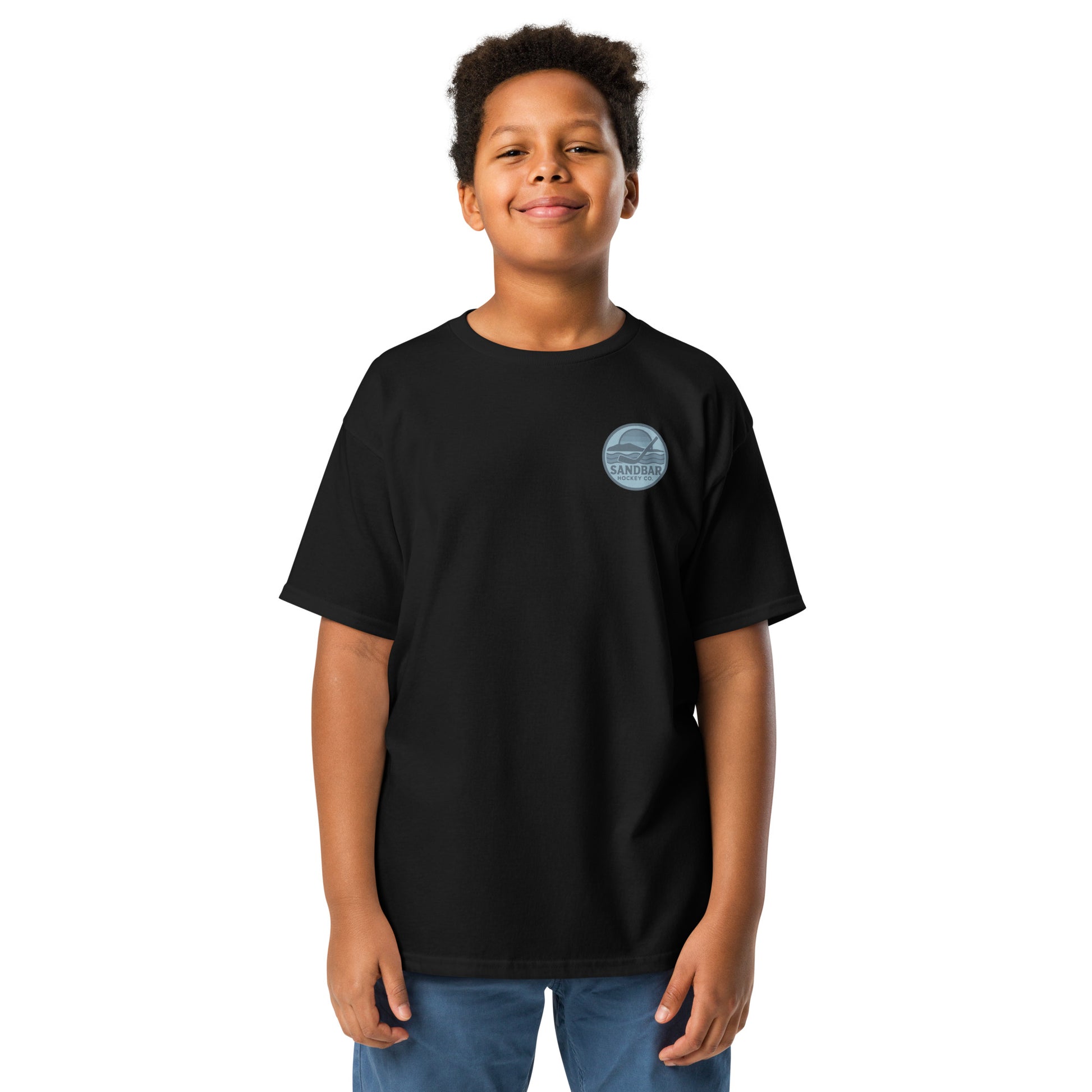 Youth Sandbar Hockey black t-shirt front view with small chest roller hockey logo