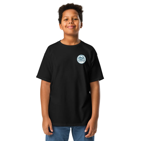 Youth Sandbar Hockey Tampa Skyline black t-shirt front view with small chest logo