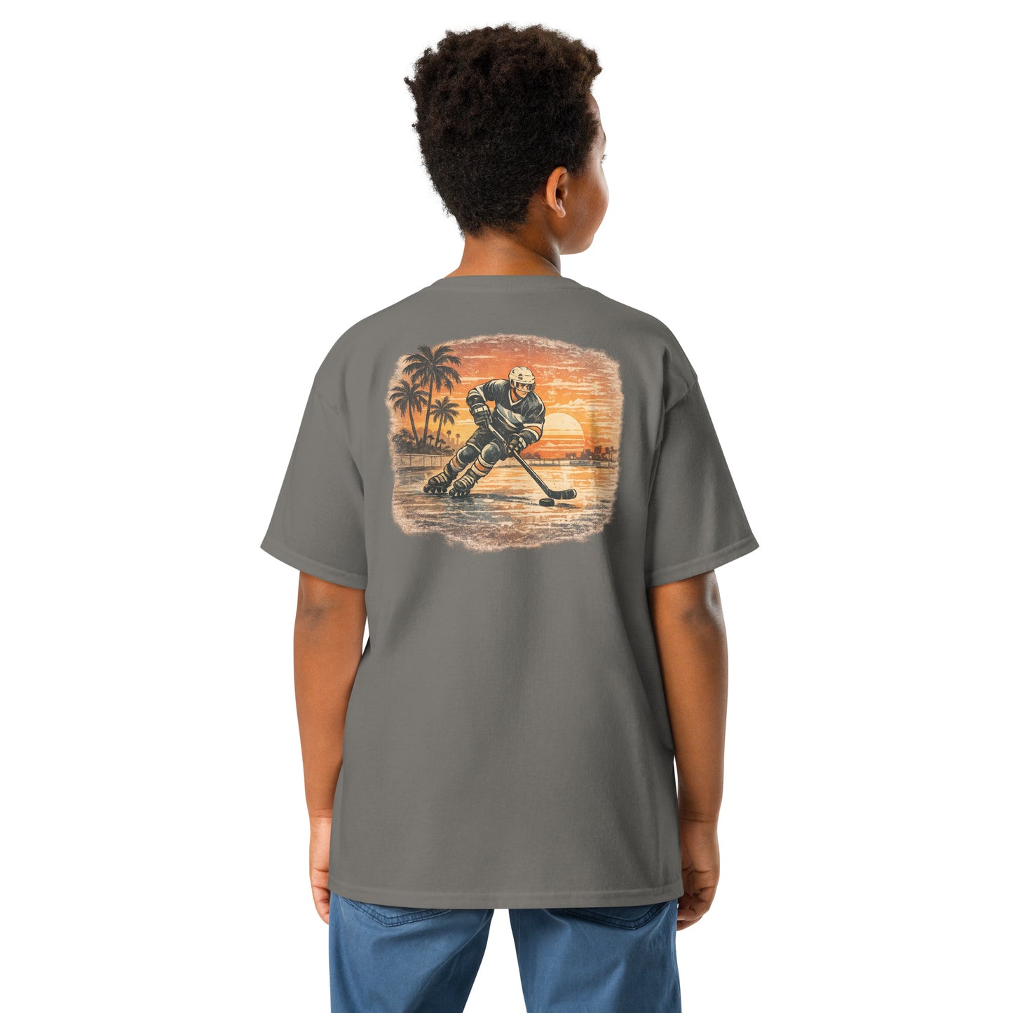 Youth dark heather grey Sunset Glide Roller Hockey T-Shirt with large vintage sunset roller hockey back graphic