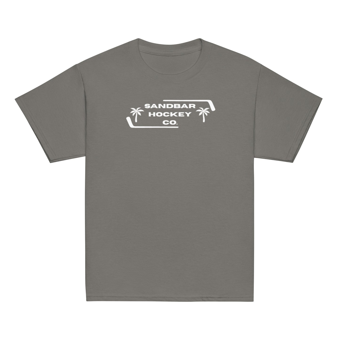 Dark gray Palm Frame Youth T-Shirt with white Sandbar Hockey Co. palm frame front logo