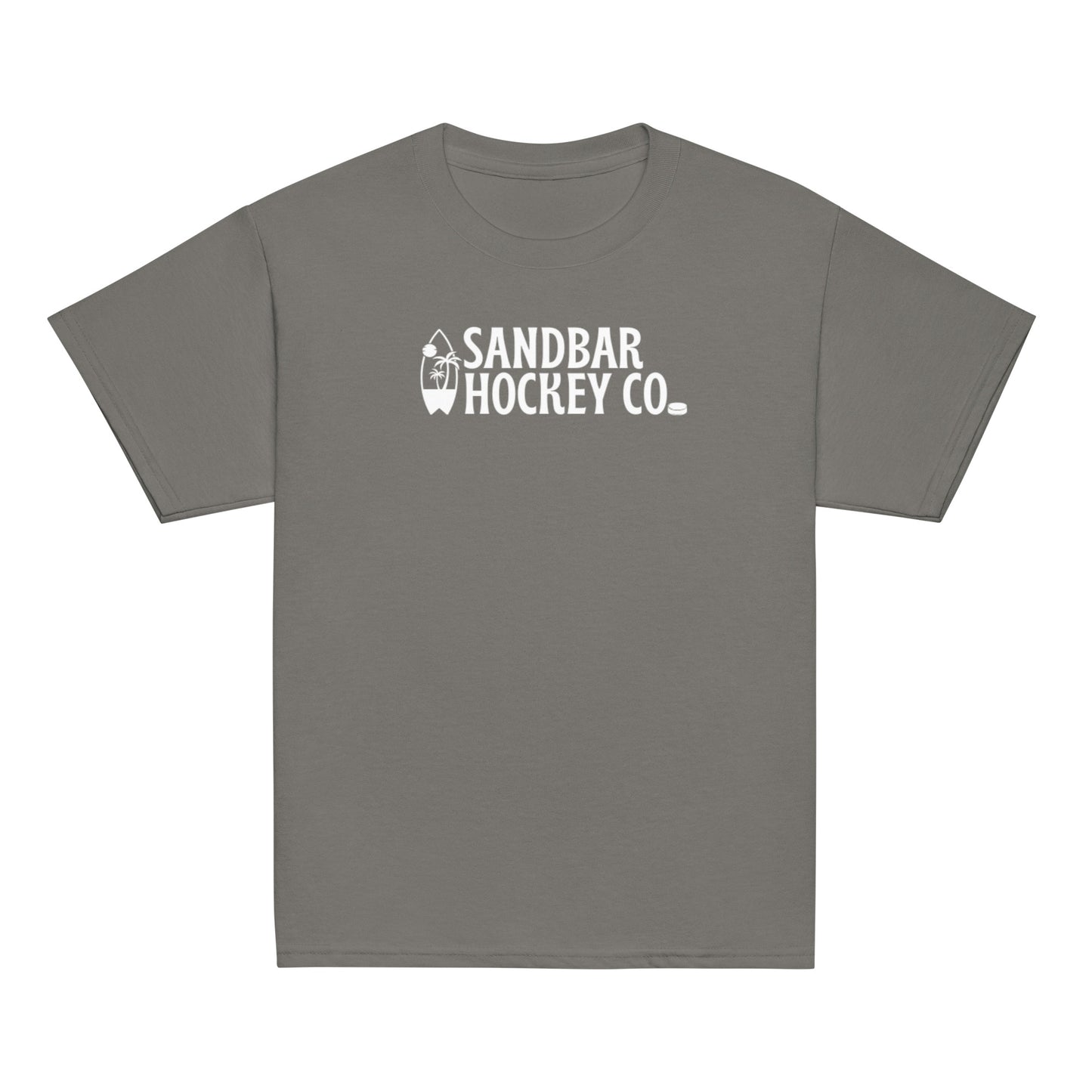 Charcoal youth Surfside Hockey T-Shirt with white Sandbar Hockey Co. surfboard back logo