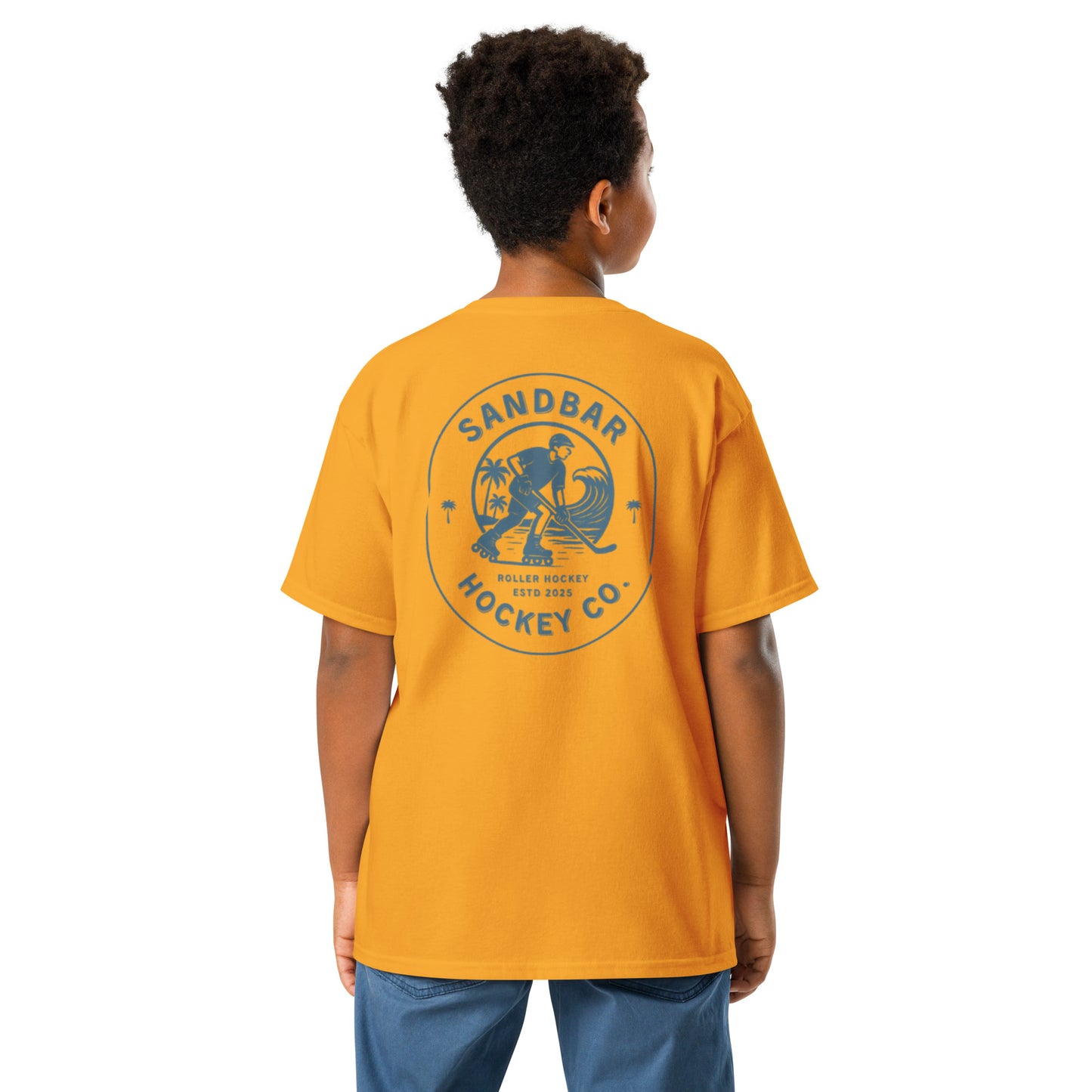 Youth Sandbar Hockey gold t-shirt back view with circular roller hockey beach graphic