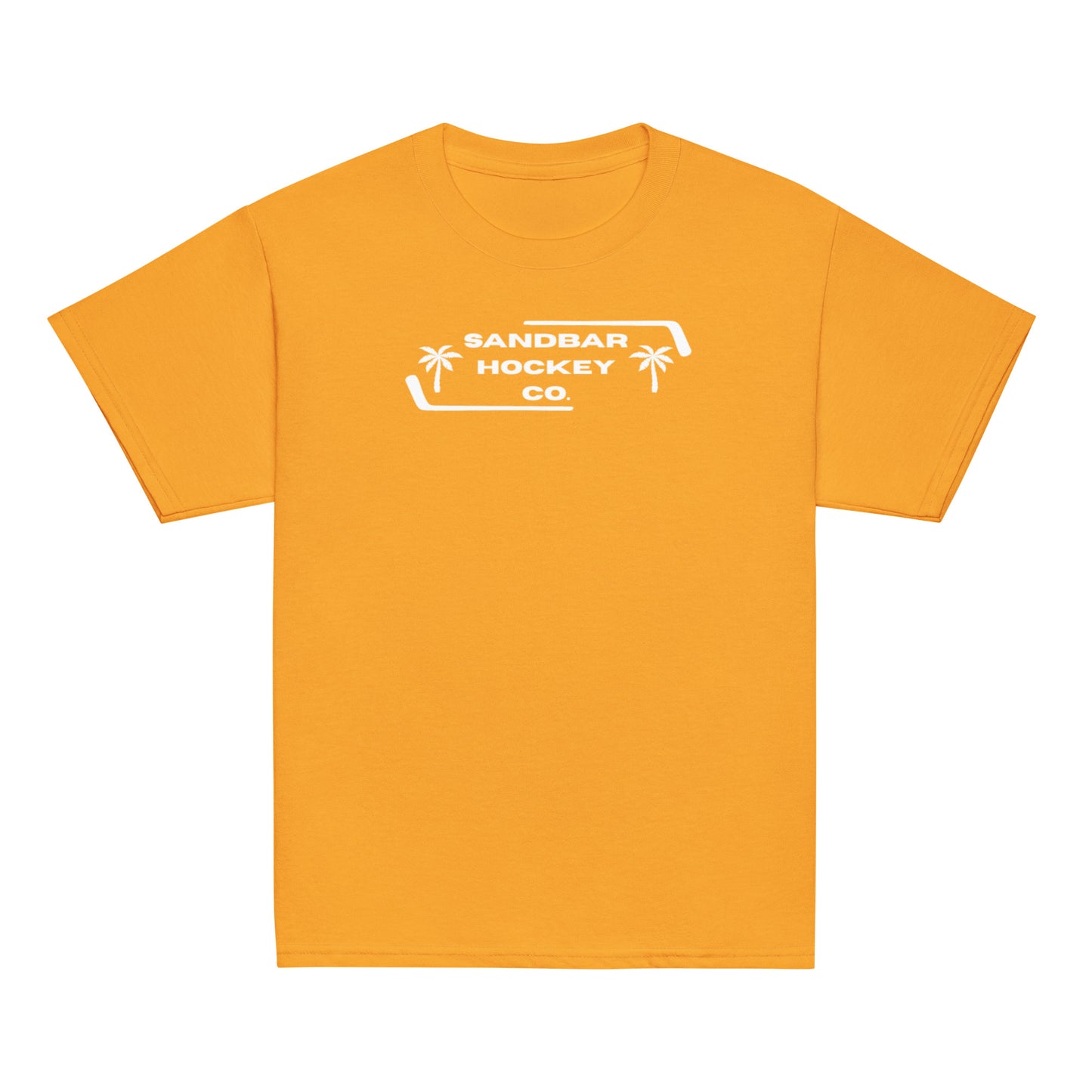 Gold Palm Frame Youth T-Shirt with white Sandbar Hockey Co. palm frame front logo