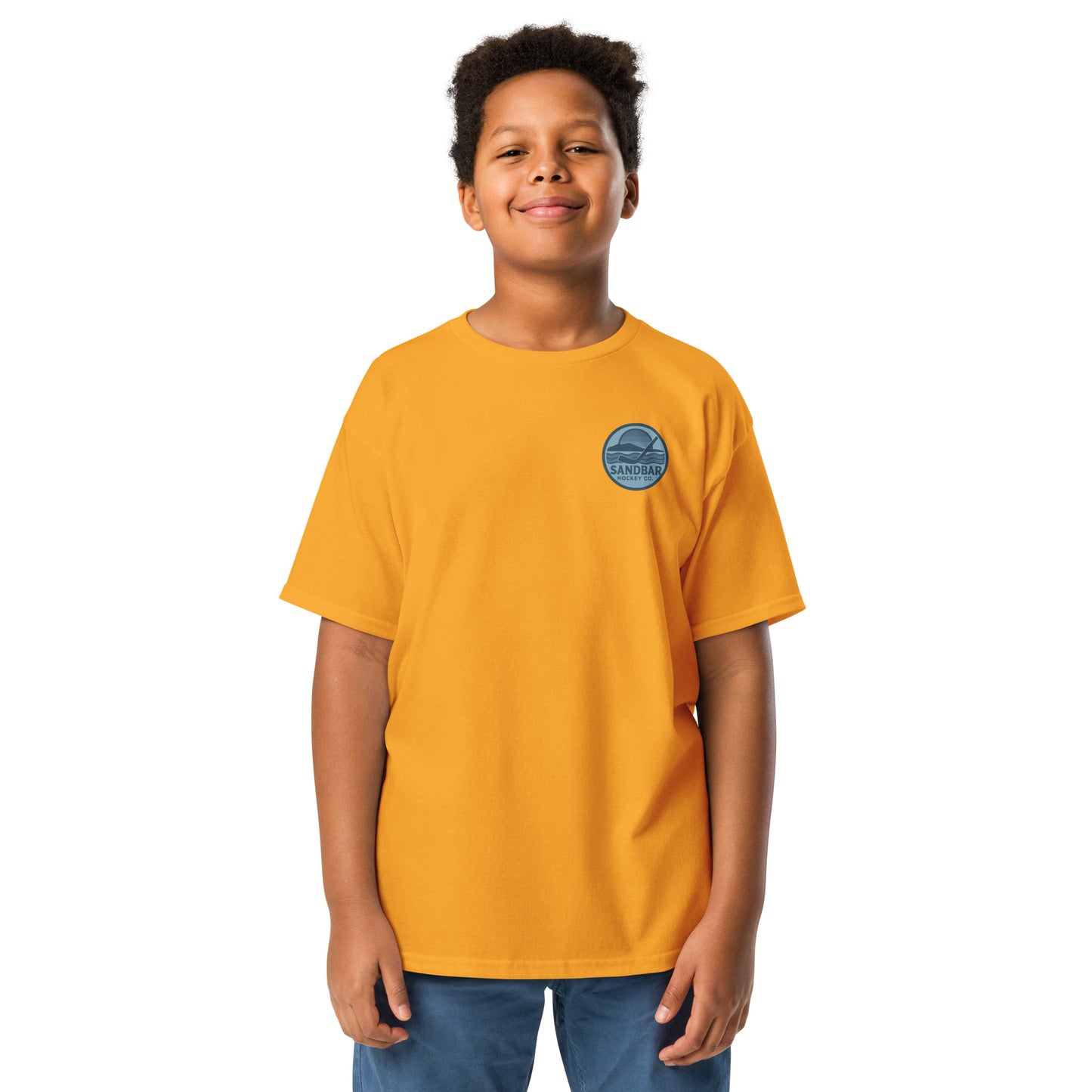 Youth Sandbar Hockey gold t-shirt front view with small chest roller hockey logo