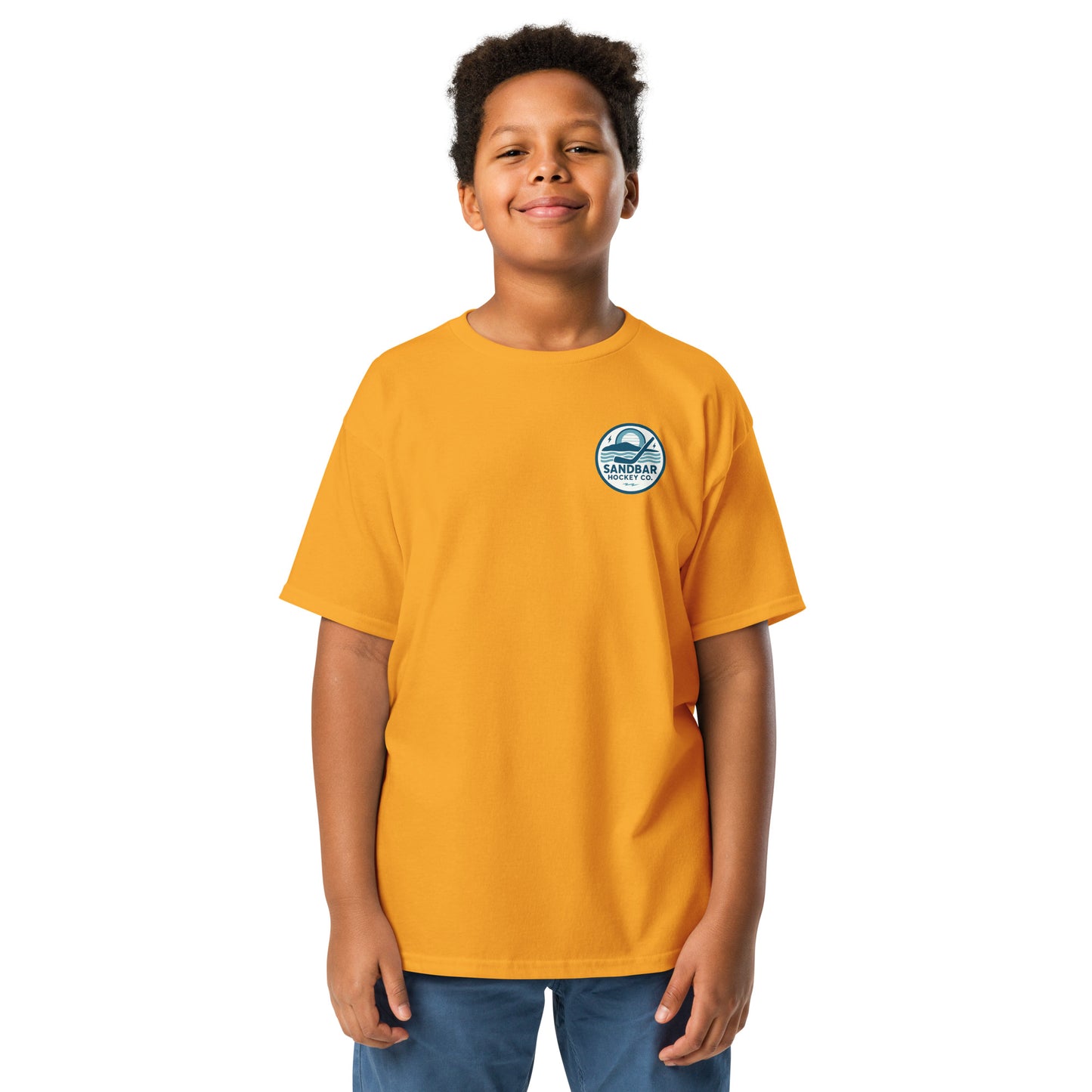 Youth Sandbar Hockey Tampa Skyline gold t-shirt front view with small chest logo