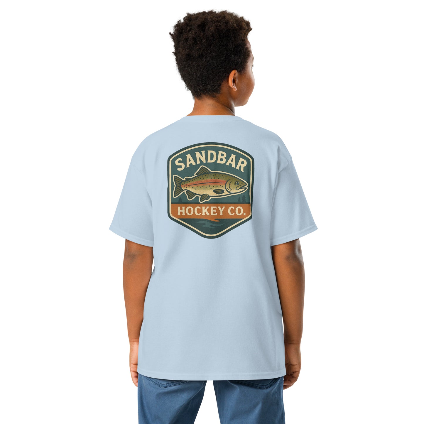 Light blue youth hockey t-shirt back side on model with trout badge graphic and Sandbar Hockey Co. text