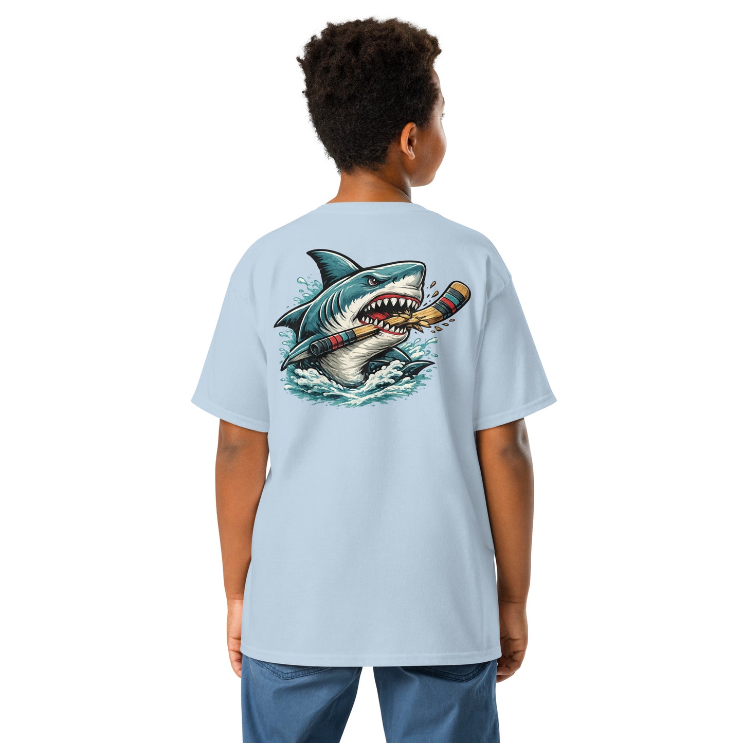 Youth Light Blue Shark Hockey T-Shirt Back