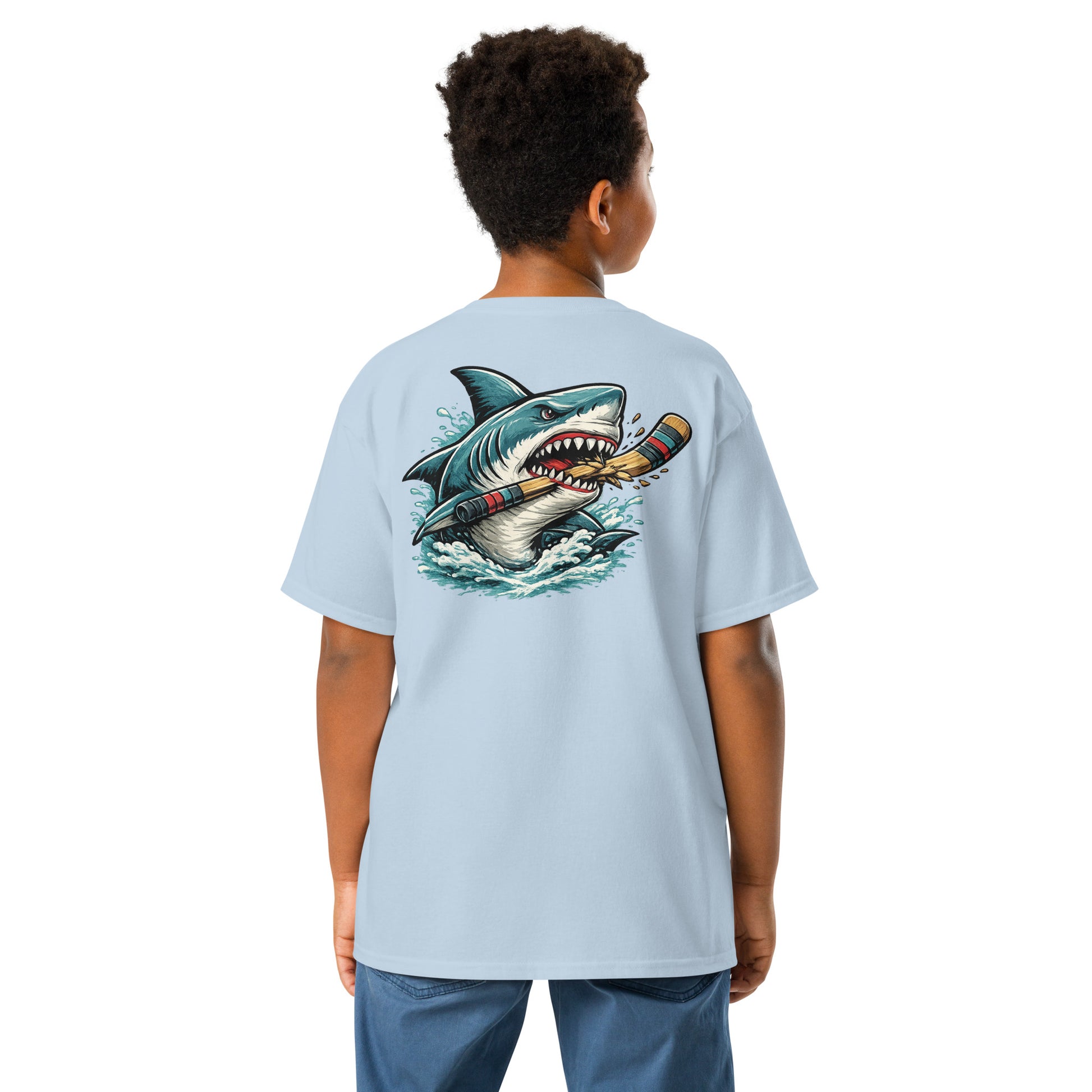 Youth Light Blue Shark Hockey T-Shirt Back