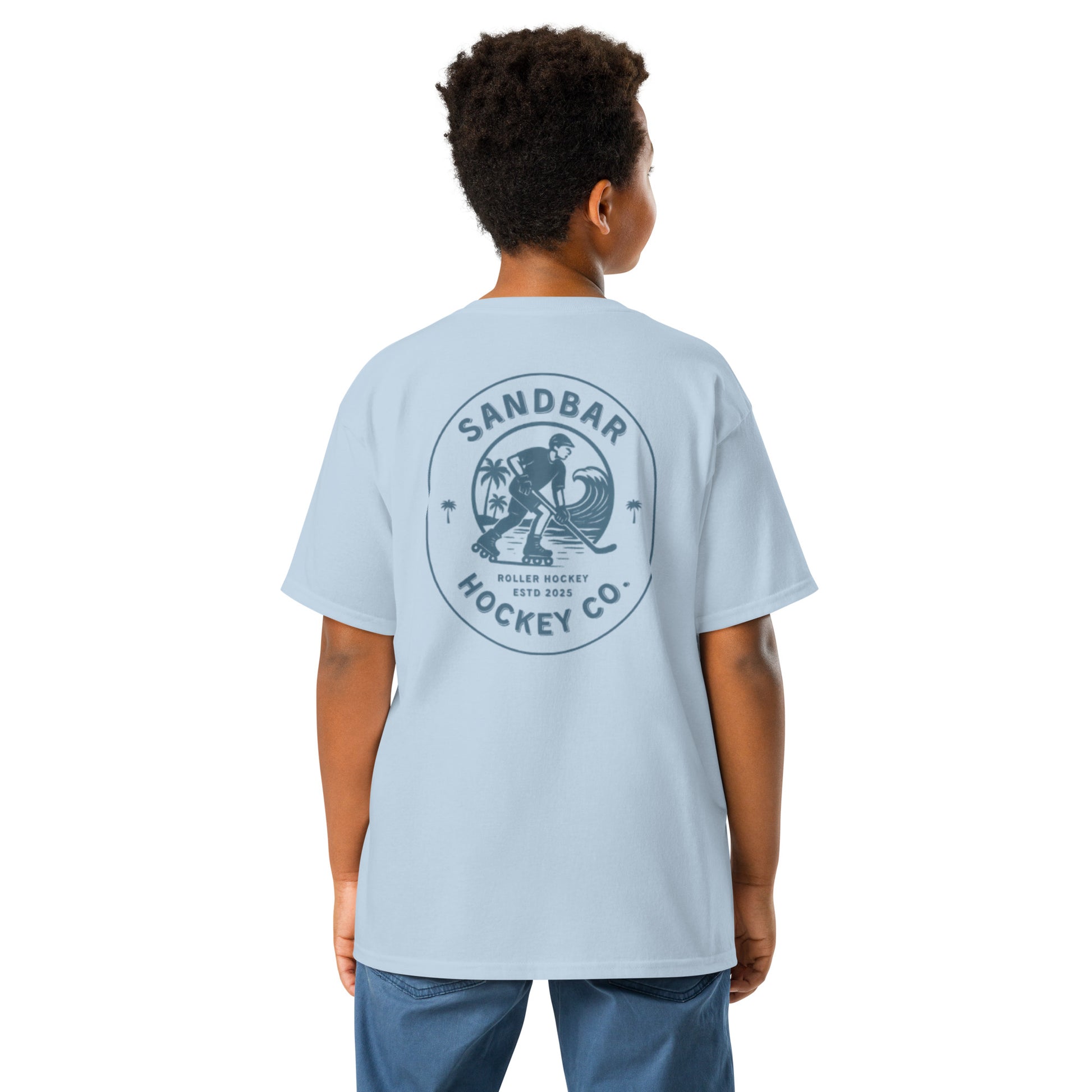 Youth Sandbar Hockey light blue t-shirt back view with circular roller hockey beach graphic