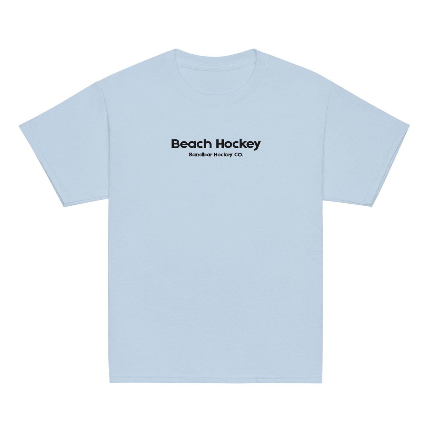 Light blue youth beach hockey t-shirt front view with Beach Hockey Sandbar Hockey Co. text on the chest.