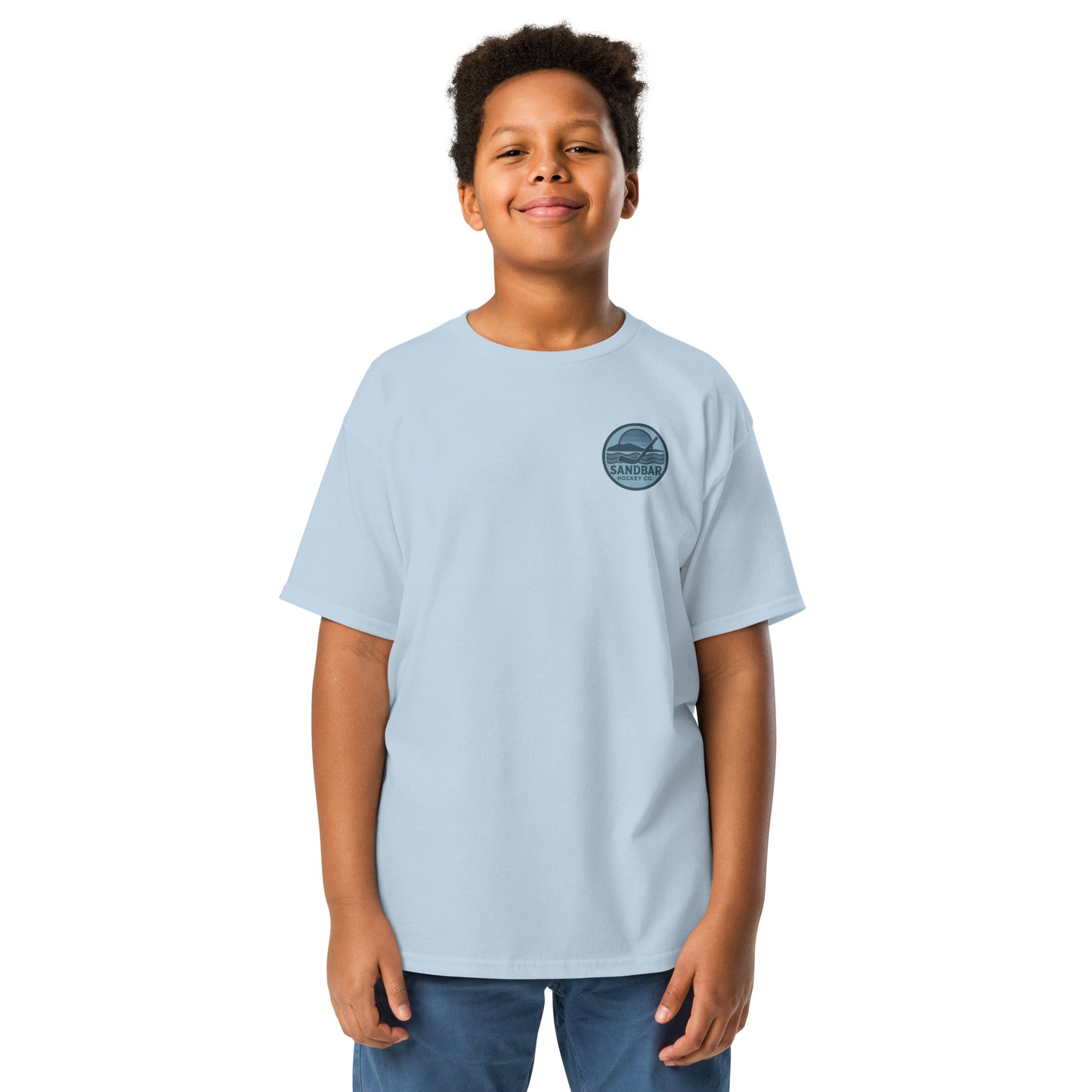 Youth Sandbar Hockey light blue t-shirt front view with small chest roller hockey logo