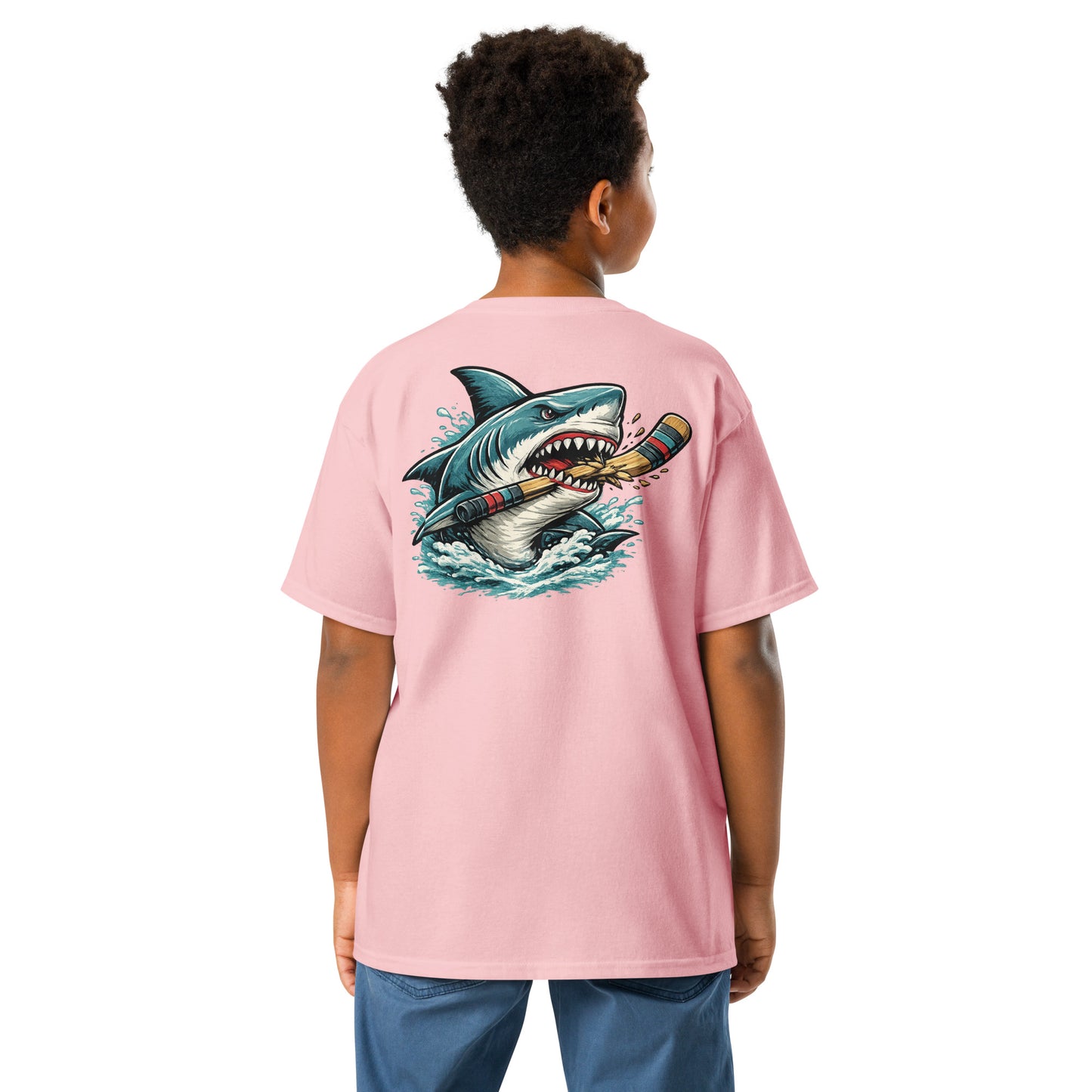 Youth Pink Shark Hockey T-Shirt Back
