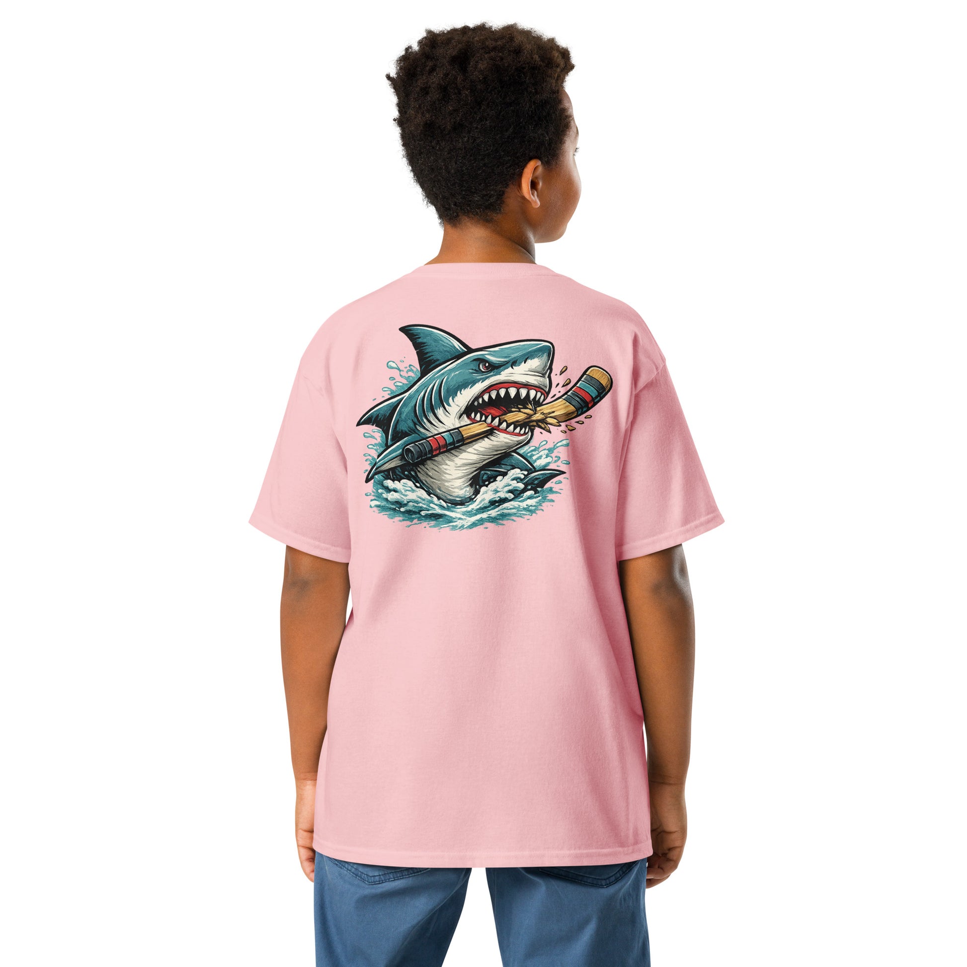 Youth Pink Shark Hockey T-Shirt Back